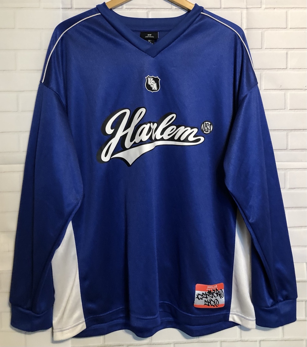 H&M Harlem Jersey Shirt Mens Large L Blue 86 USA Oversized Mesh Long Sleeve